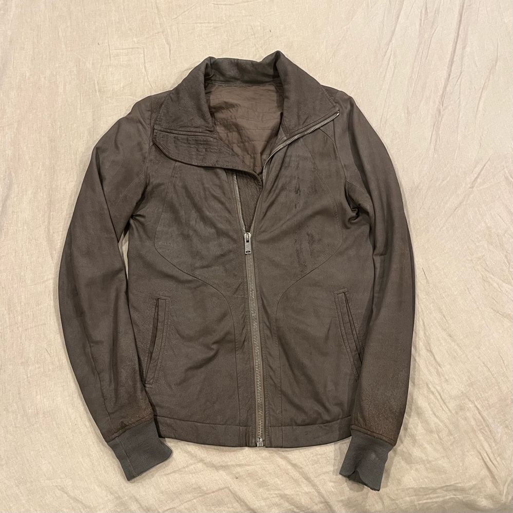 Rick Owens High Neck Intarsia Jacket in LBQ Lamb Suede, Dust